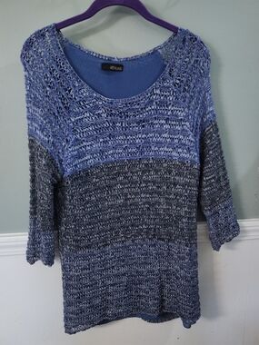 Renuar Blue Gradient Open-Knit Scoop Neck Sweater